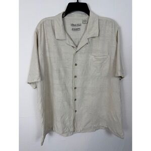 Batik Bay Men 100% Silk Button Down Shirt XL Beige Tropical Jacquard Camp Collar